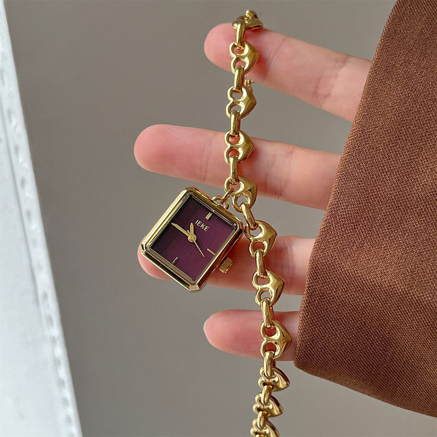 IEKE Petite Square Heart-Link Bracelet Watch - Women's Minimal Jewelry Watch