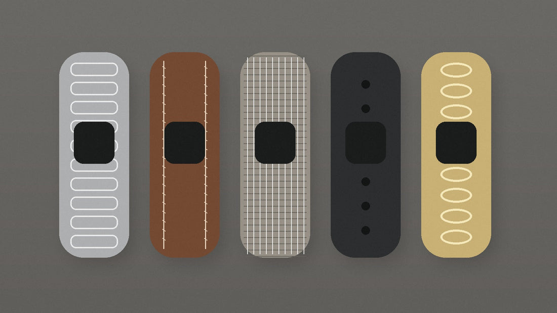Apple Watch band materials comparison including metal leather woven silicone and jewelry styles