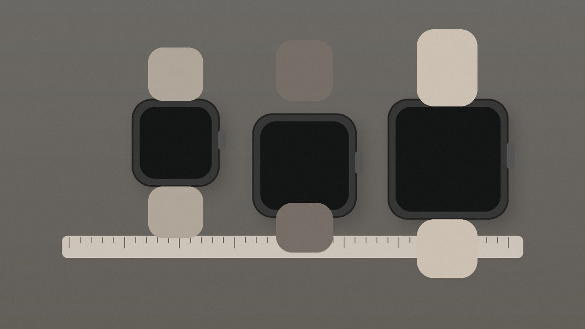 Apple Watch band size guide with multiple watch case sizes and measuring scale