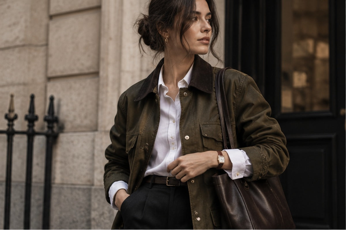 Fall 2026 barn jacket styling with white shirt, leather bag and petite watch
