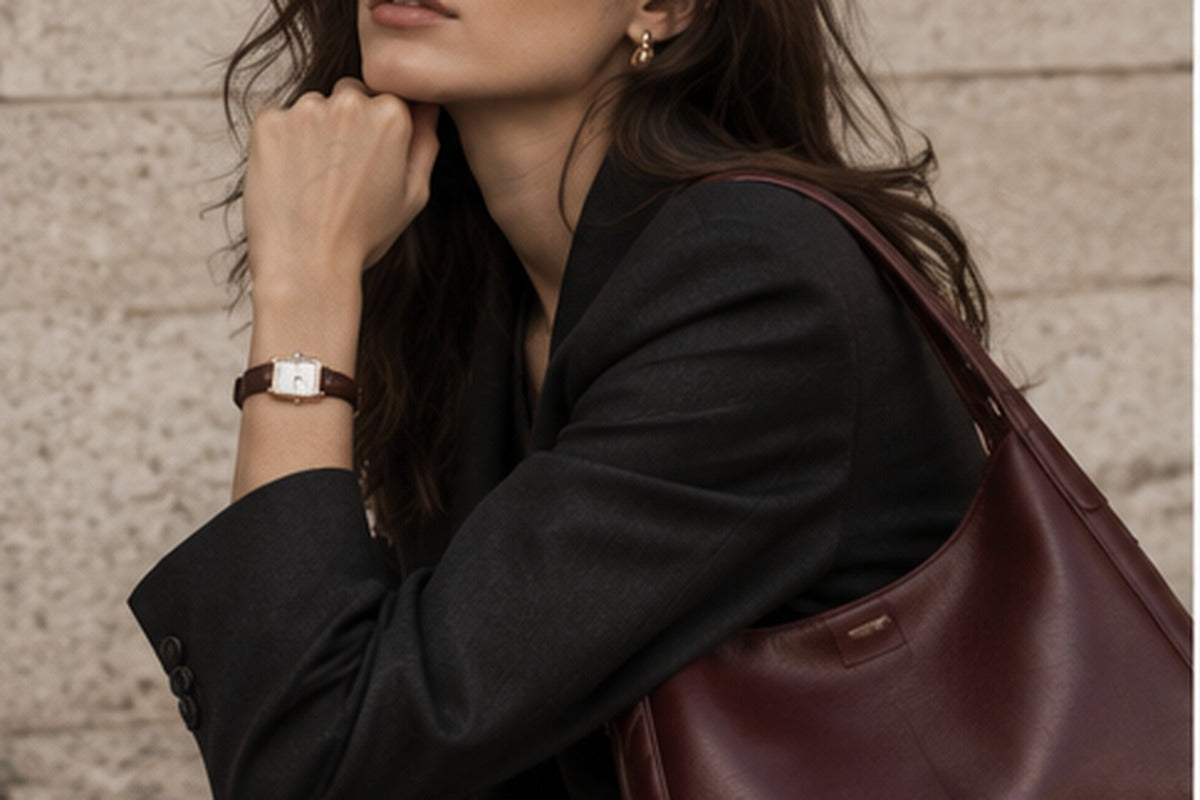 Burgundy handbag styling for Fall 2026 with tailored black outfit and petite watch