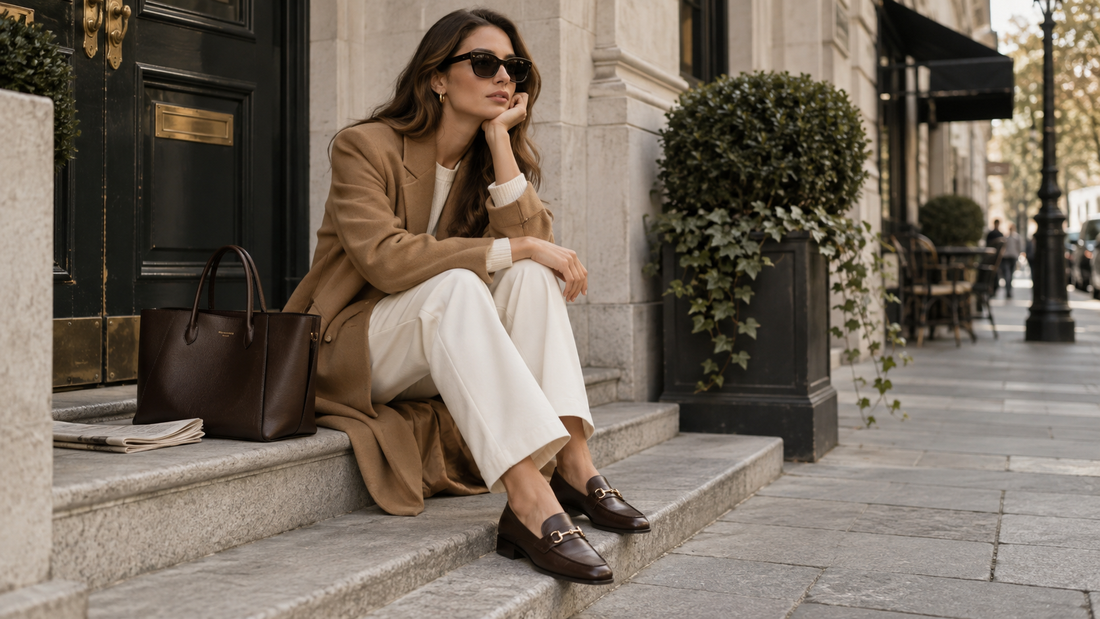 Camel coat styled with neutral tailoring and loafers in an autumn city editorial