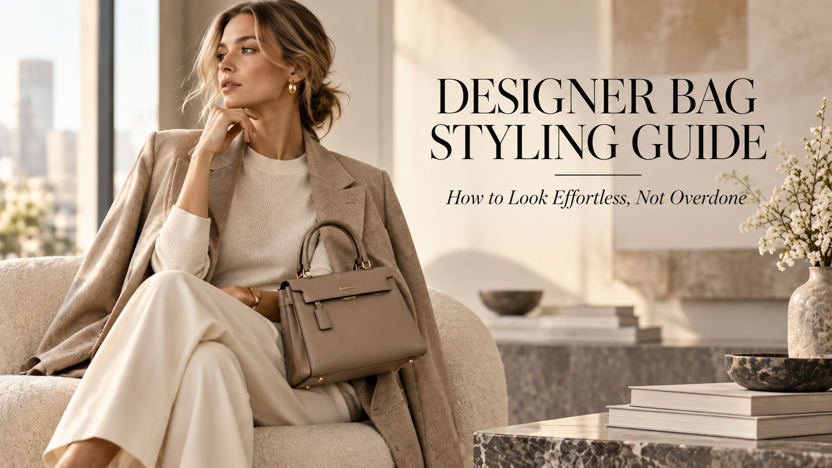 Designer bag styling guide with refined neutral outfit and structured handbag