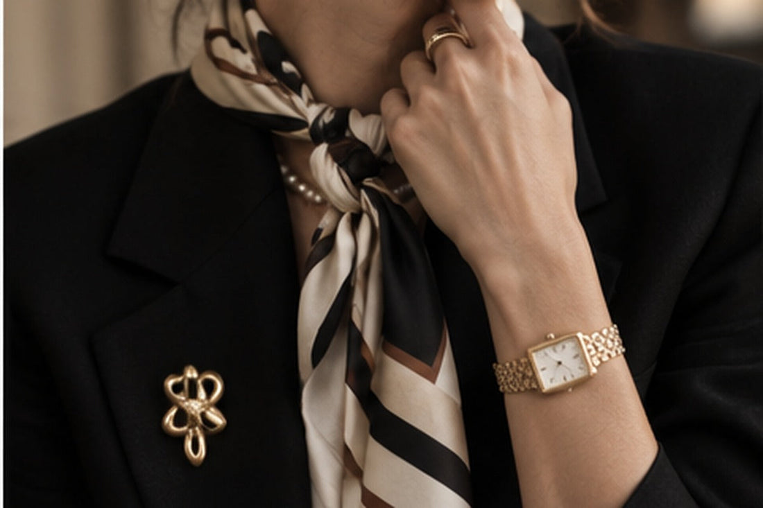 Fall 2026 accessory styling with silk scarf, gold jewelry and petite rectangular watch