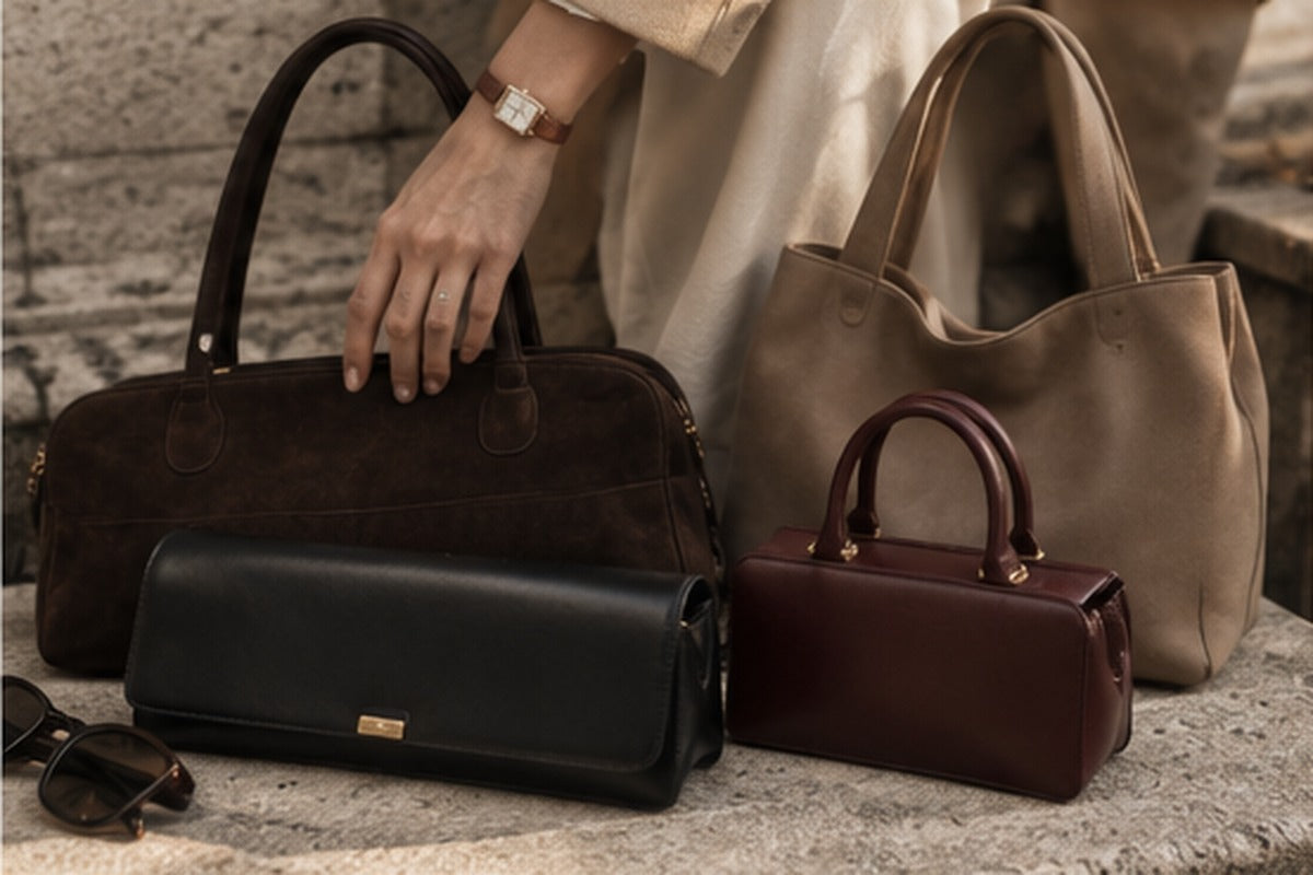 Fall 2026 handbag trend edit with structured carryalls, clutch bags and vintage-inspired watch
