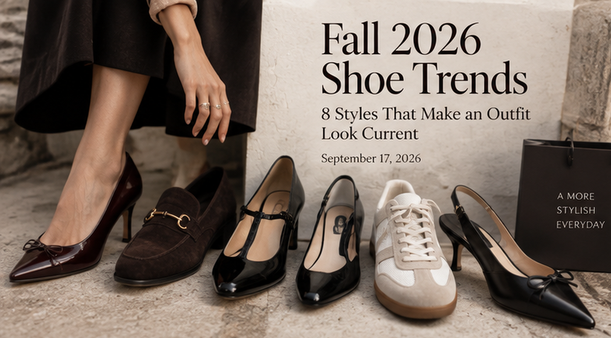 Fall 2026 women’s shoe trends editorial featuring pumps, loafers, sneakers and flats