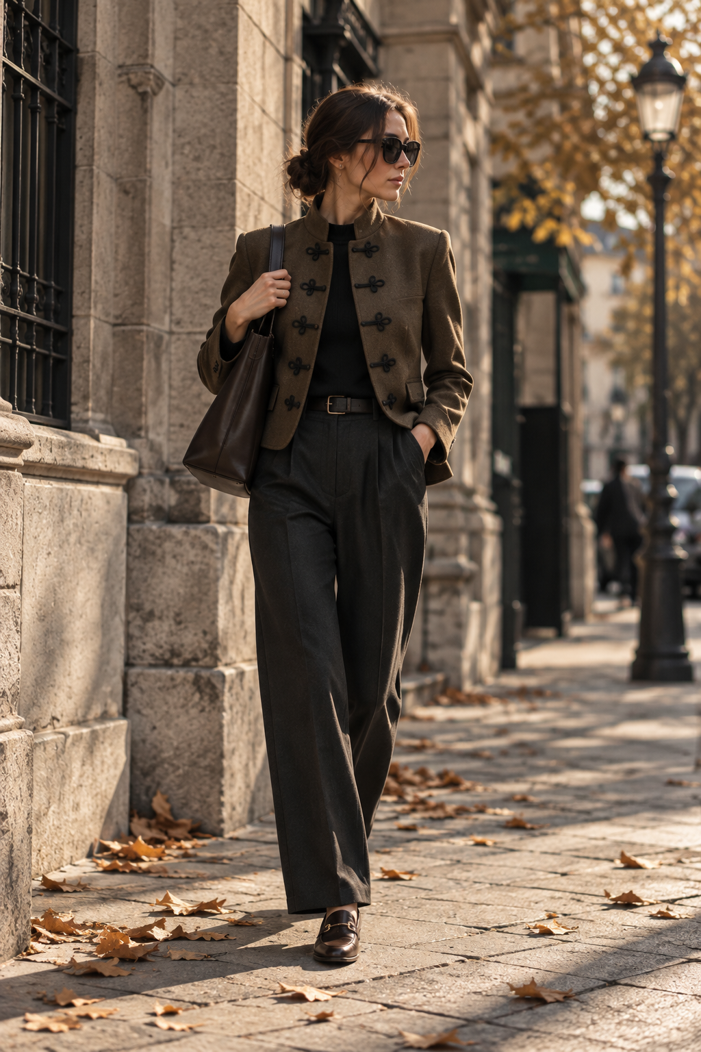 Fall 2026 military-inspired jacket styled with tailored trousers and loafers