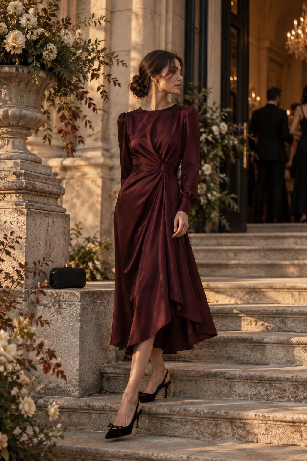 Elegant Fall 2026 wedding guest outfit with burgundy satin midi dress and slingback heels