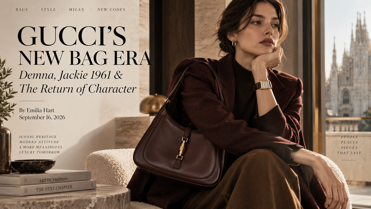 Gucci 2026 handbag editorial on Demna, Jackie 1961 style and vintage watch pairing