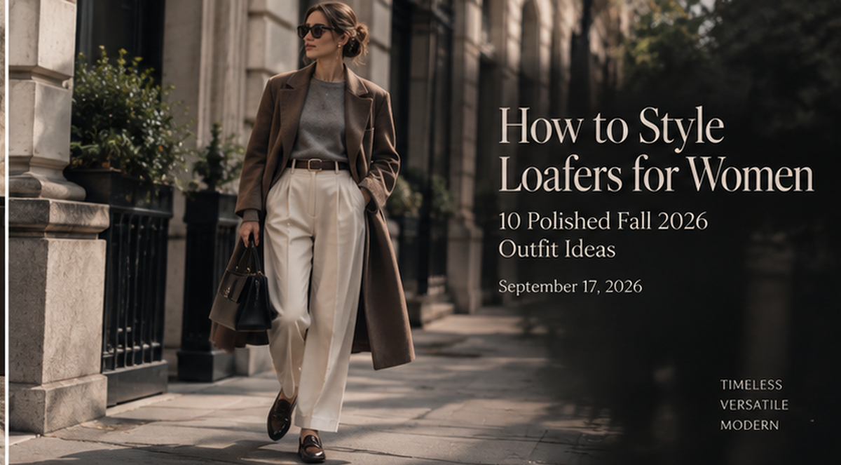 Woman wearing polished loafers with tailored trousers for a Fall 2026 outfit styling guide