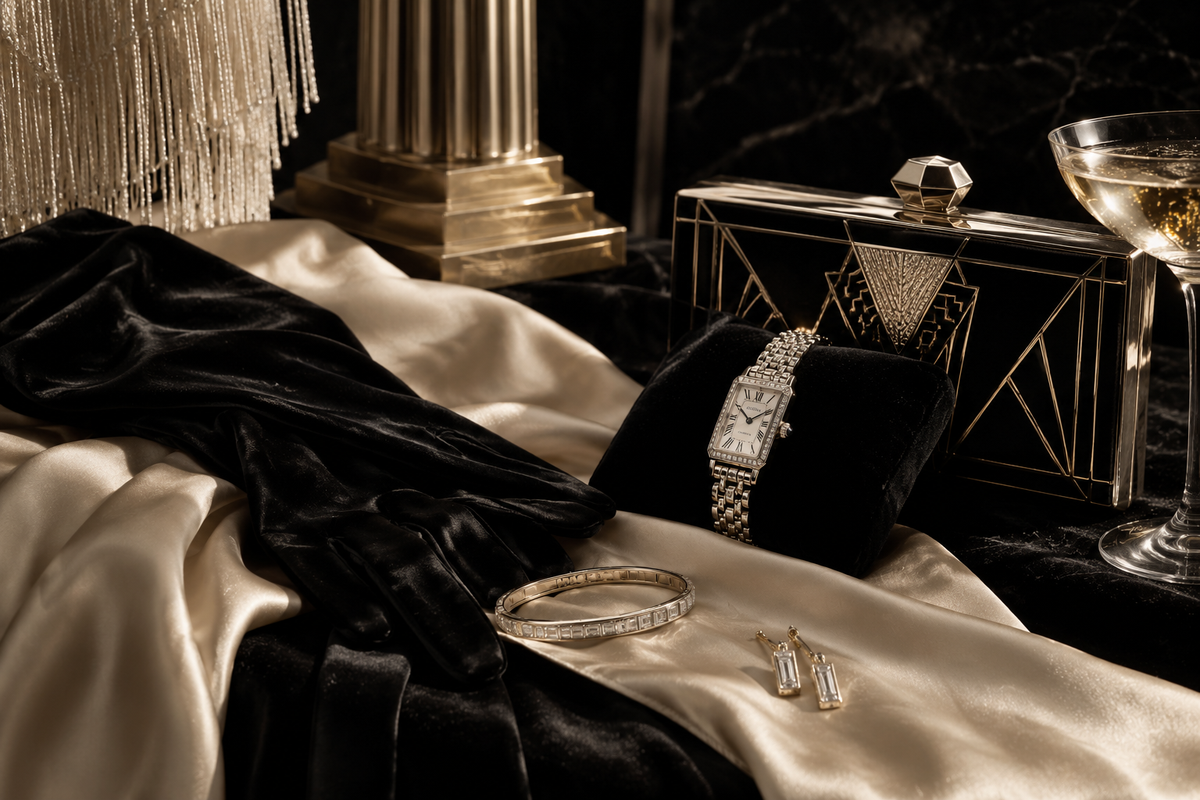 Art Deco evening fashion with a vintage jewelry watch