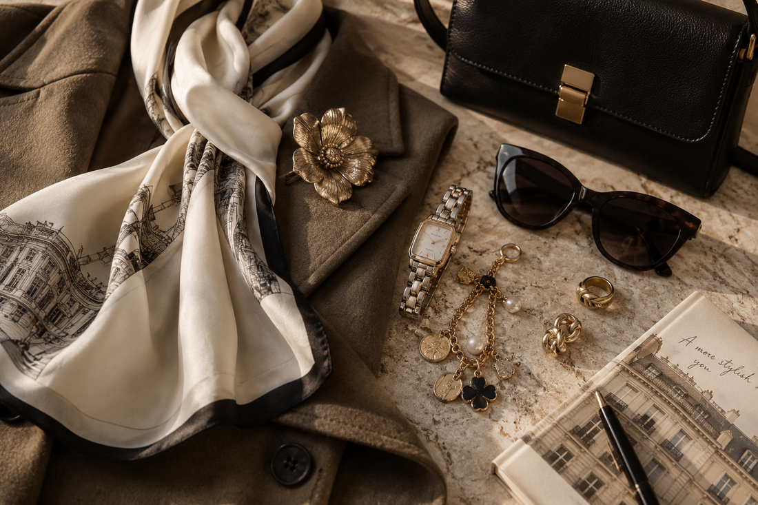 Fall 2026 brooch scarf and charm styling with a two-tone watch