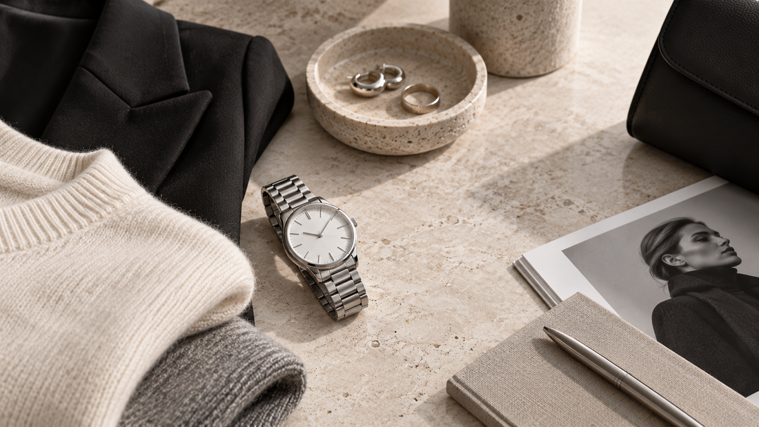 Minimalist capsule wardrobe with a clean stainless steel watch