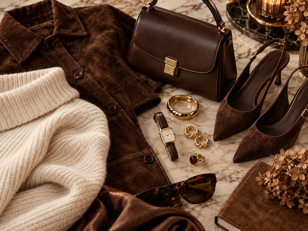 Chocolate brown monochrome fall fashion with a leather strap watch