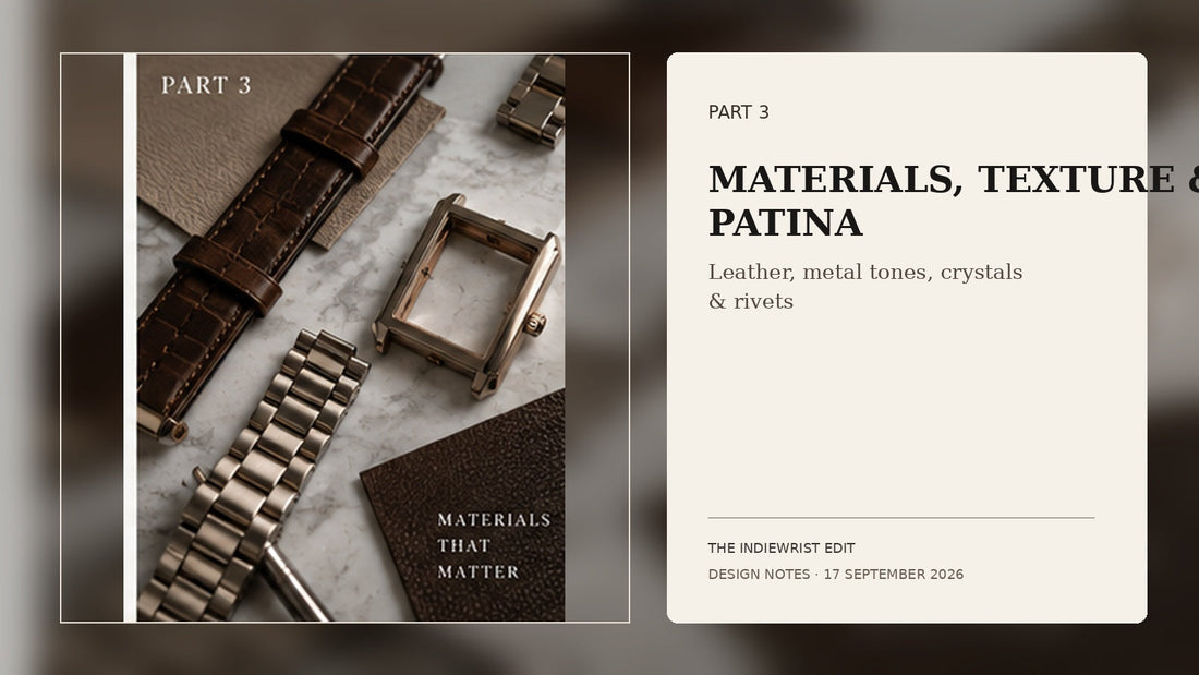 IndieWrist Design Notes Part 3 — leather straps, metal tones, crystals, rivets and vintage watch texture