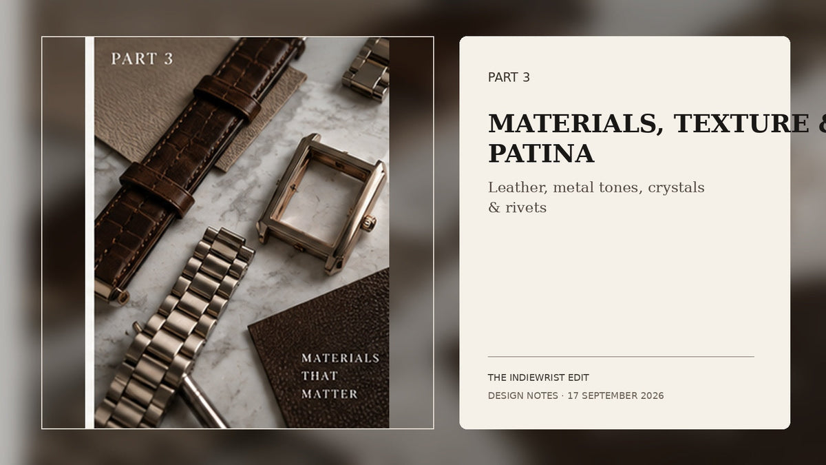 IndieWrist Design Notes Part 3 — leather straps, metal tones, crystals, rivets and vintage watch texture