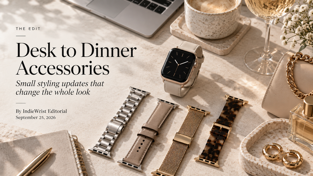 Desk to dinner accessories with watch bands jewelry and bag
