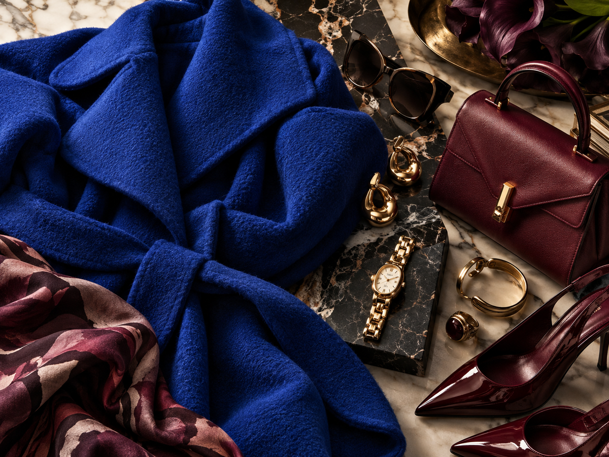 Electric blue and burgundy fall 2026 color styling with a gold-tone watch