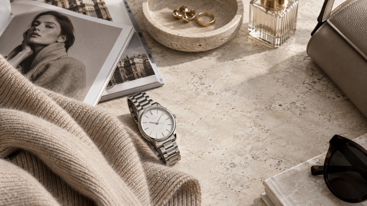 Fall 2026 quiet luxury fashion with a minimalist stainless steel watch