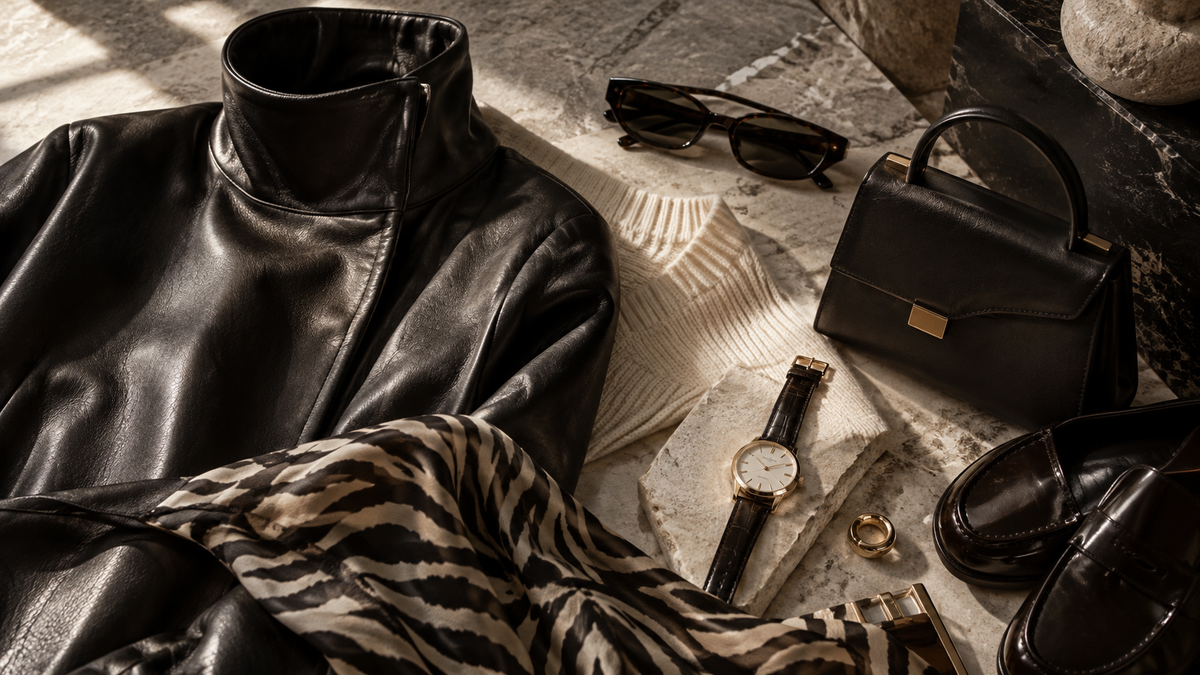 Funnel neck jacket and animal print accessory styling with a leather strap watch