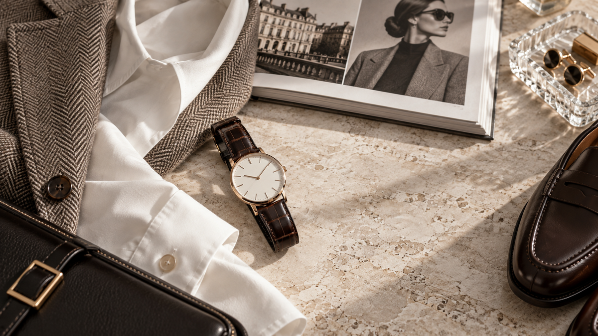 Heritage fashion styling with a classic leather strap watch