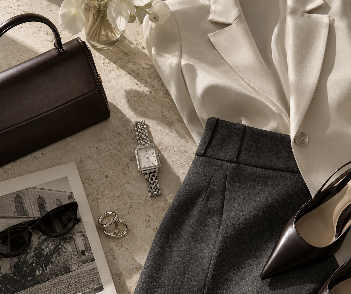Fall 2026 updated lady tailoring with a petite stainless steel watch
