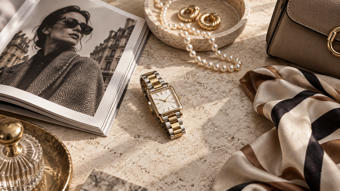 Vintage-inspired jewelry styling with a gold-tone bracelet watch