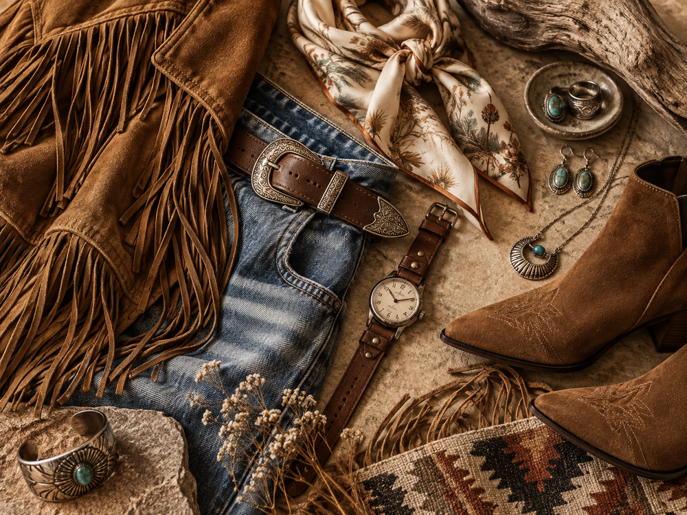Western-inspired fall fashion with fringe suede denim and a leather strap watch