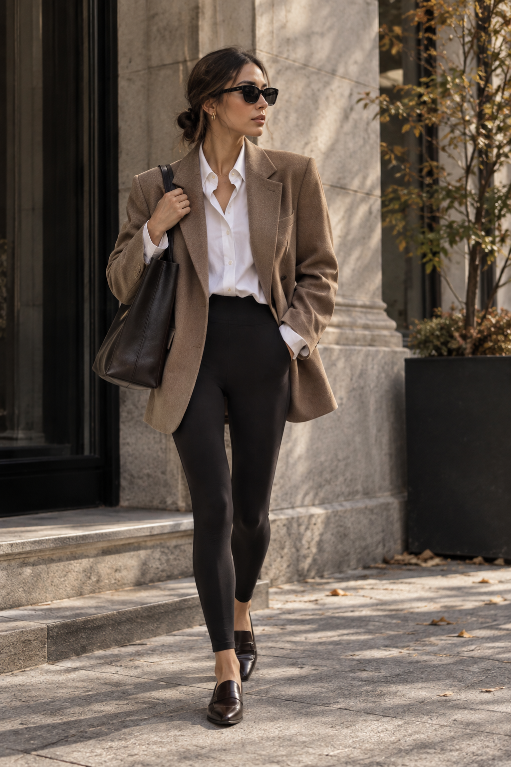 Polished Fall 2026 leggings outfit with camel blazer, white shirt and loafers