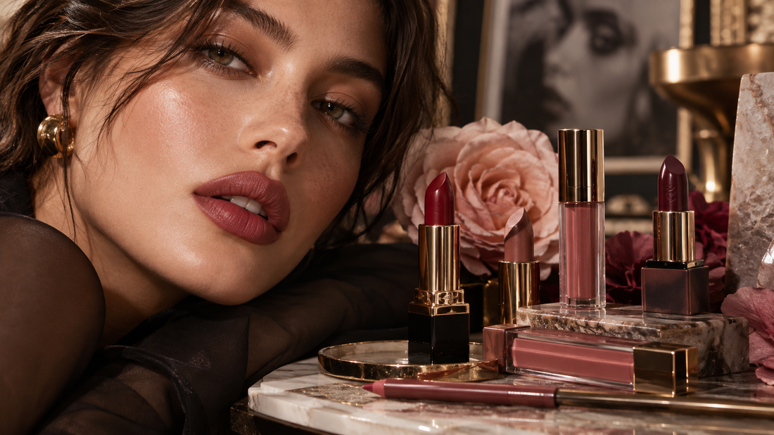 2026 lip color trends with blurred matte and hydrating shine in a luxury beauty editorial