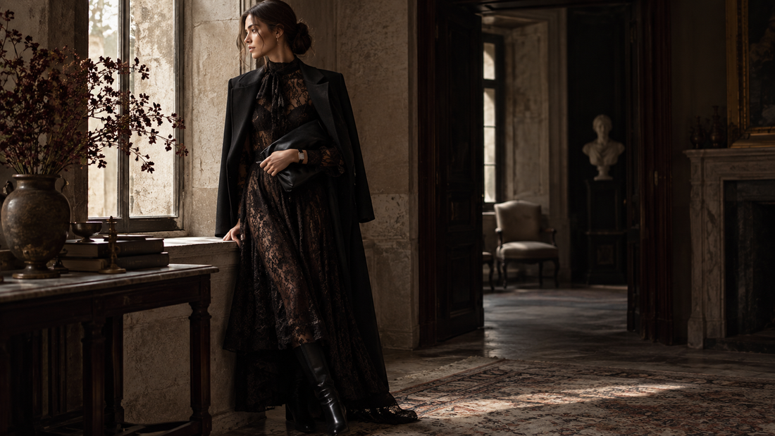 Elegant black evening dress styled in a refined editorial interior
