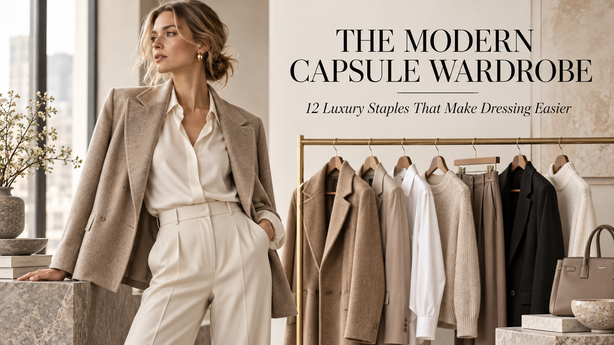 Modern capsule wardrobe with neutral luxury staples and timeless tailoring