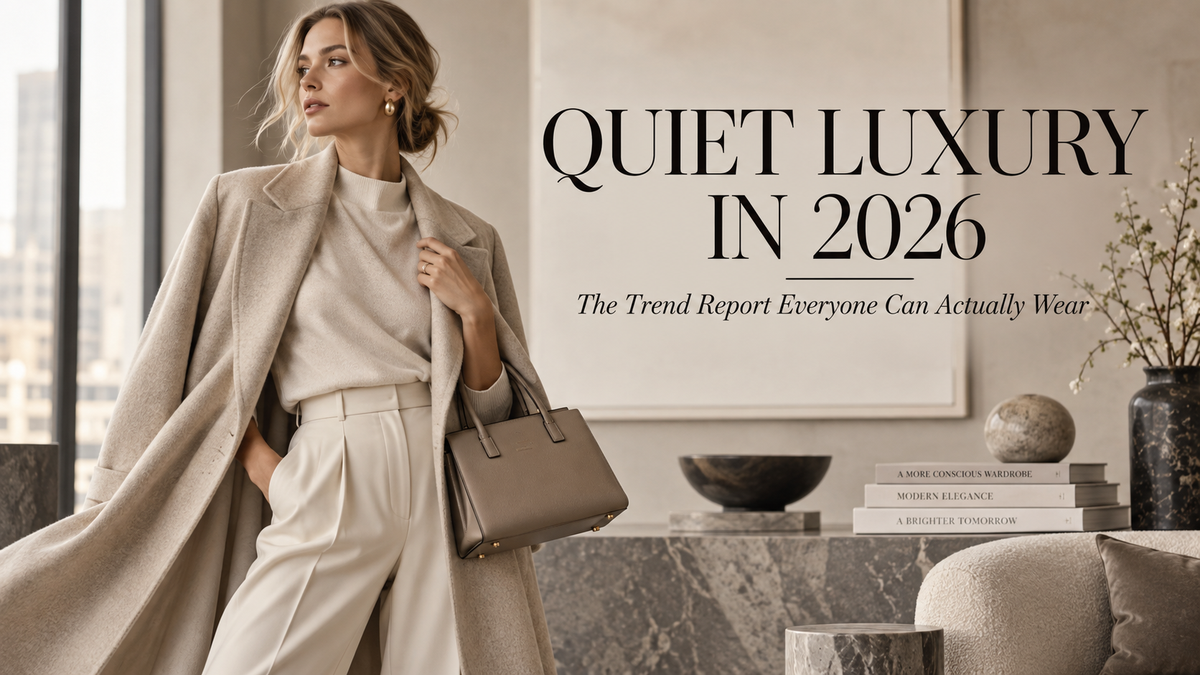 Quiet luxury 2026 trend report featuring elegant neutral tailoring