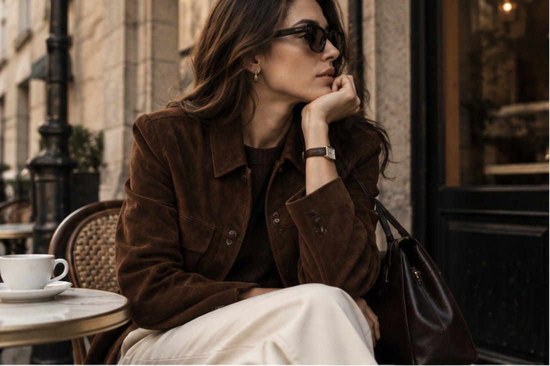 Fall 2026 suede jacket outfit with vintage-inspired rectangular watch