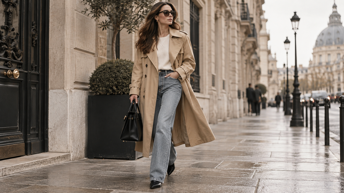 Beige trench coat styled with denim in a polished Paris street fashion editorial