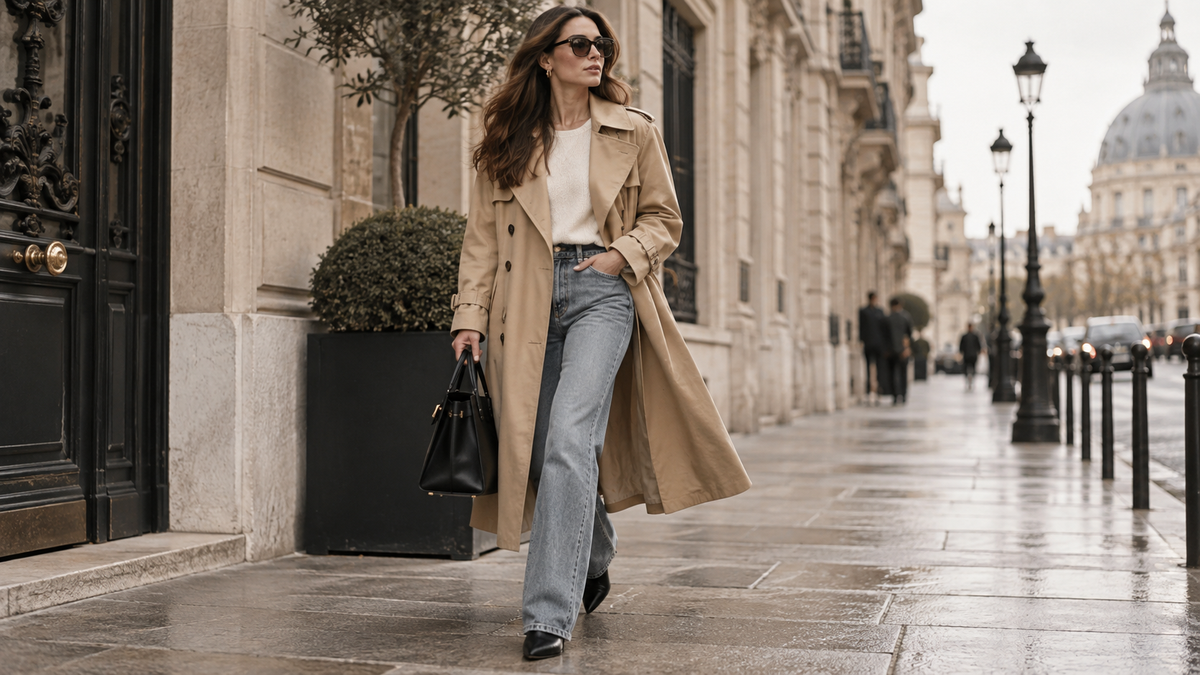 Beige trench coat styled with denim in a polished Paris street fashion editorial