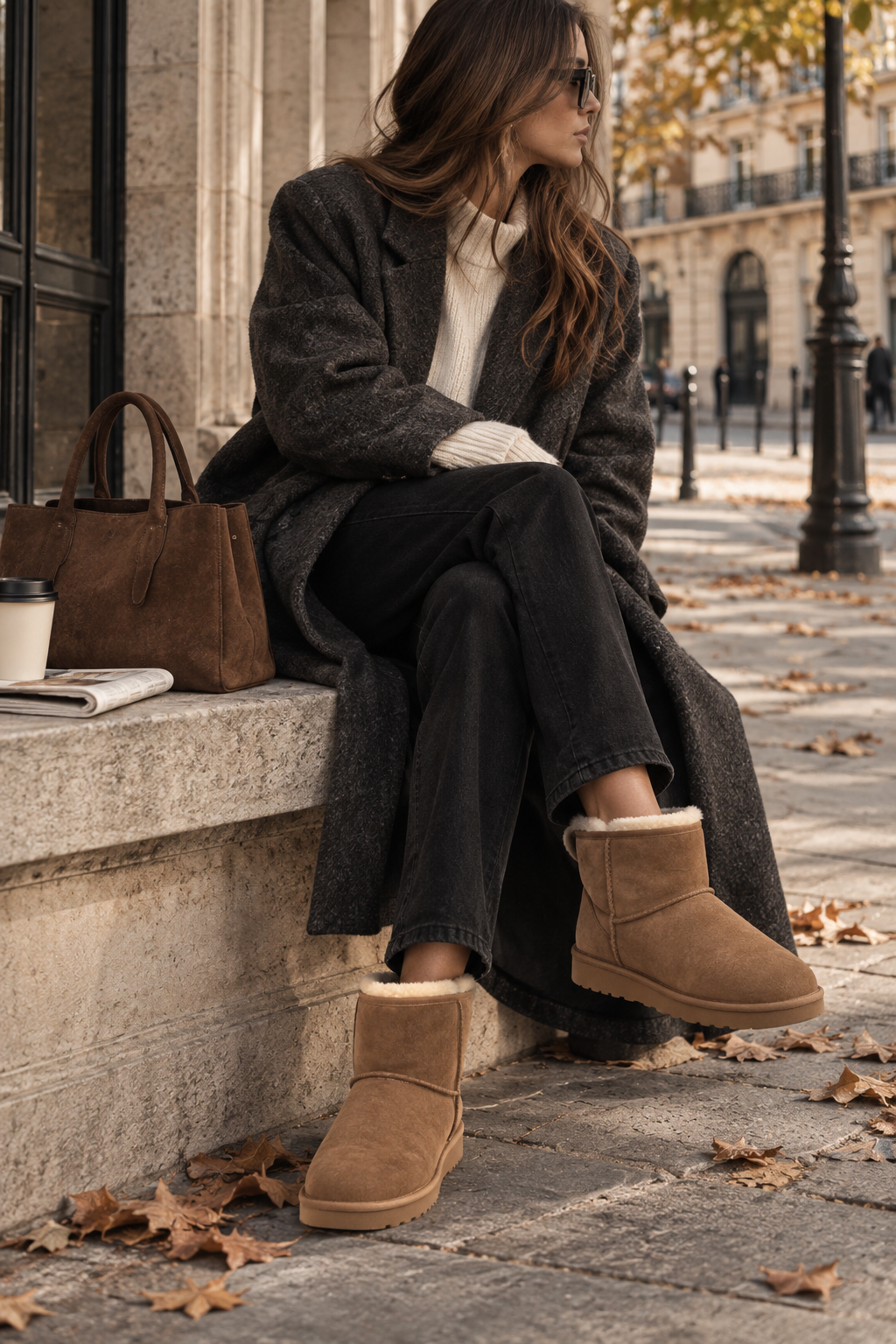 Fall 2026 street-style outfit with tan shearling boots, charcoal coat and dark trousers