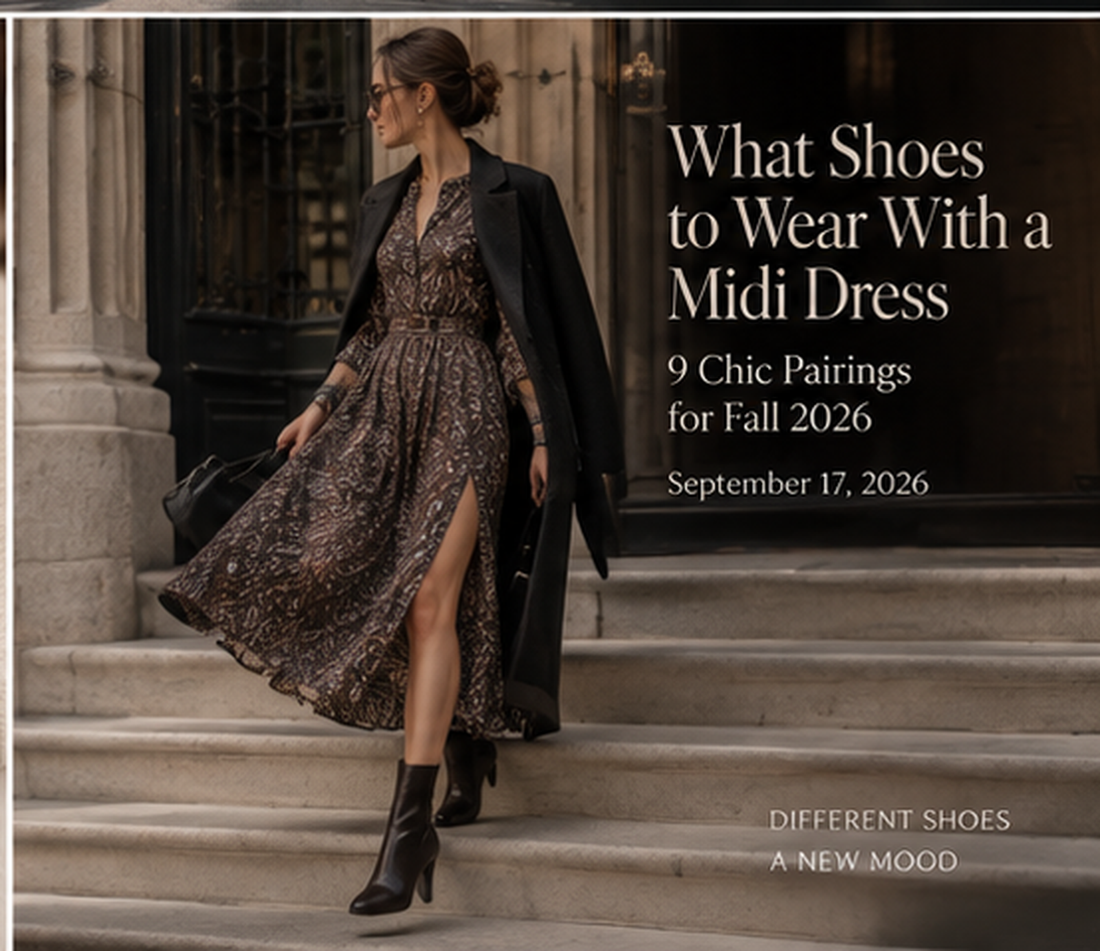 Woman styling a midi dress with elegant ankle boots for Fall 2026