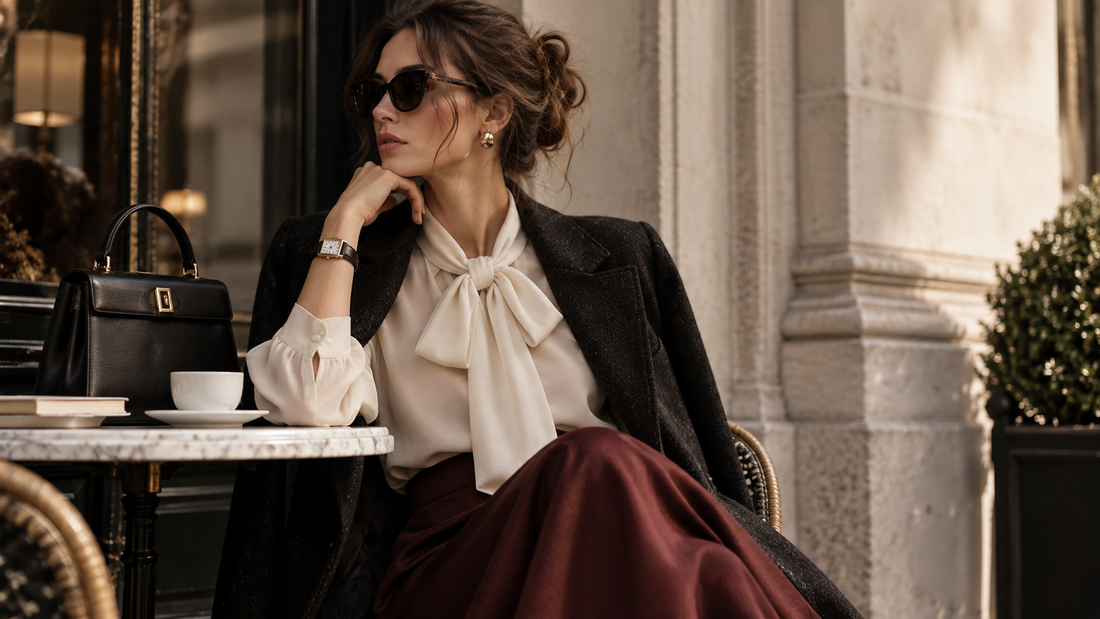 White shirt outfit styling in a polished European editorial setting