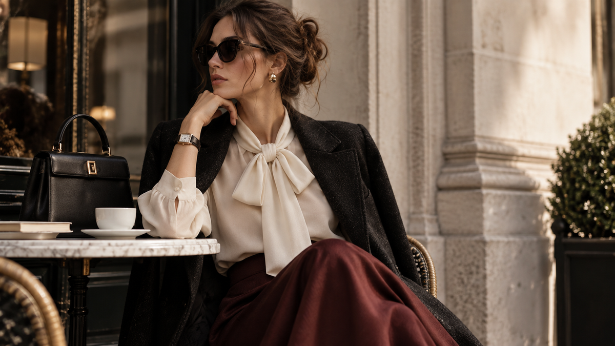 White shirt outfit styling in a polished European editorial setting