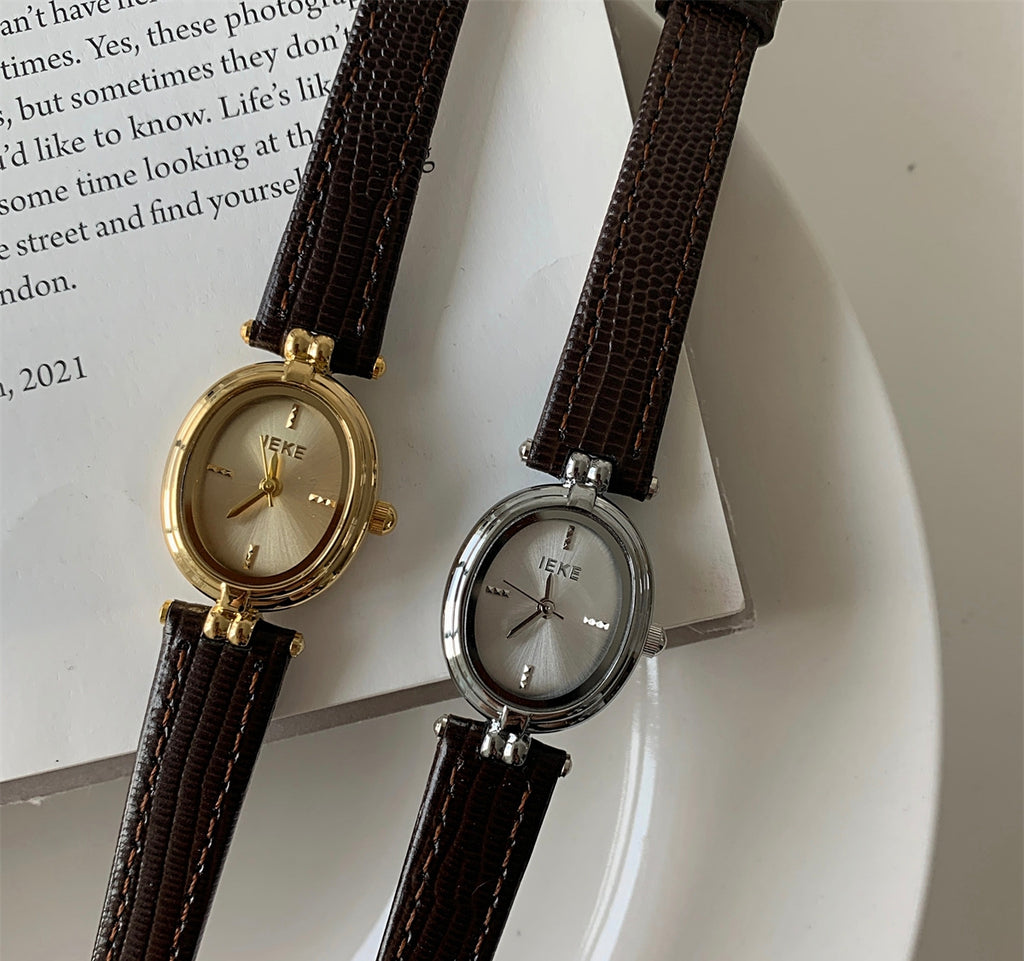 IEKE Dainty Oval Petite Dial Watch with Ultra-Slim Leather Strap - Korean Minimalist Quartz Watch for Women