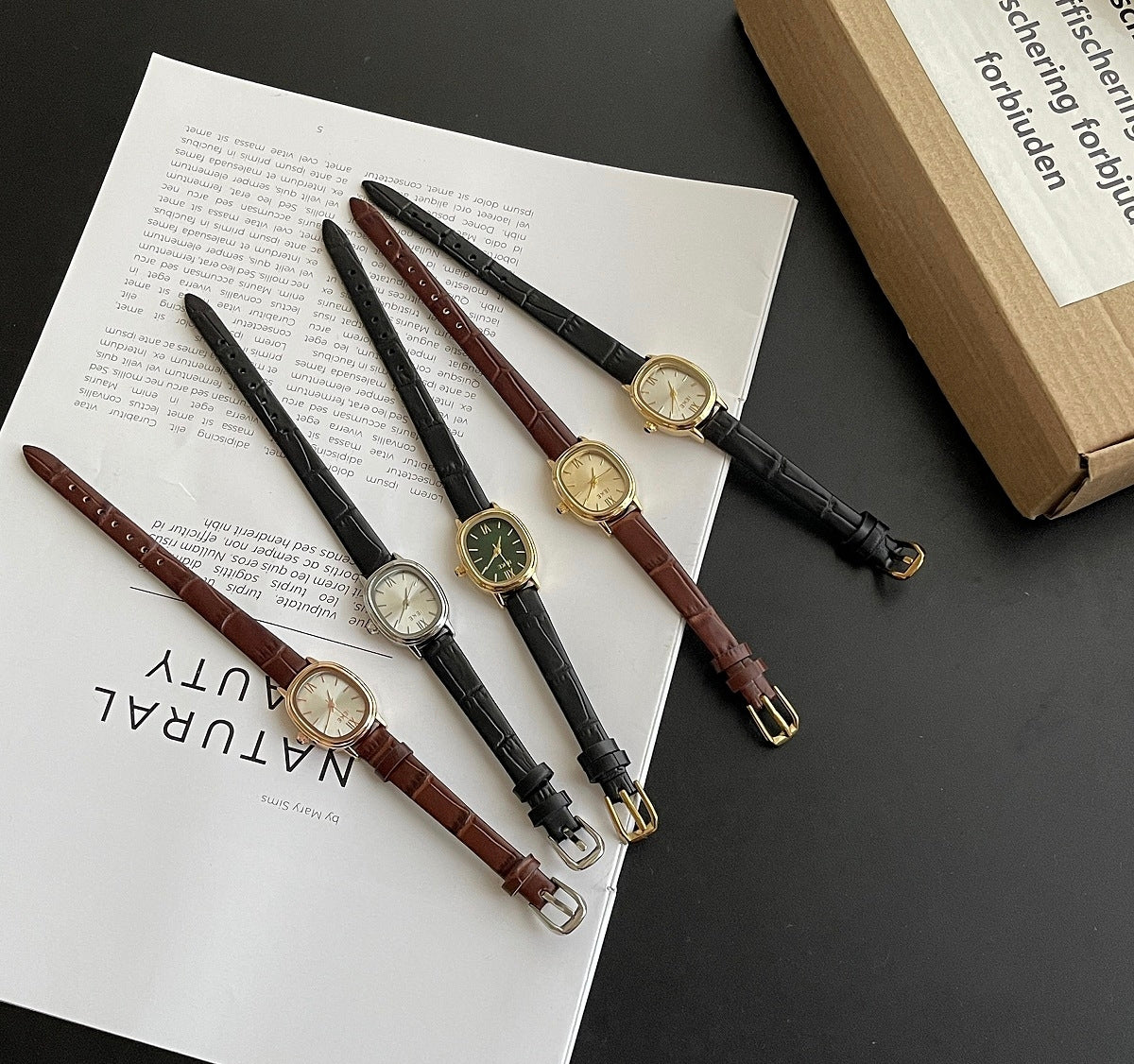 IEKE Petite Oval Watch with Slim Leather Strap - Vintage Minimalist Dress Watch for Women