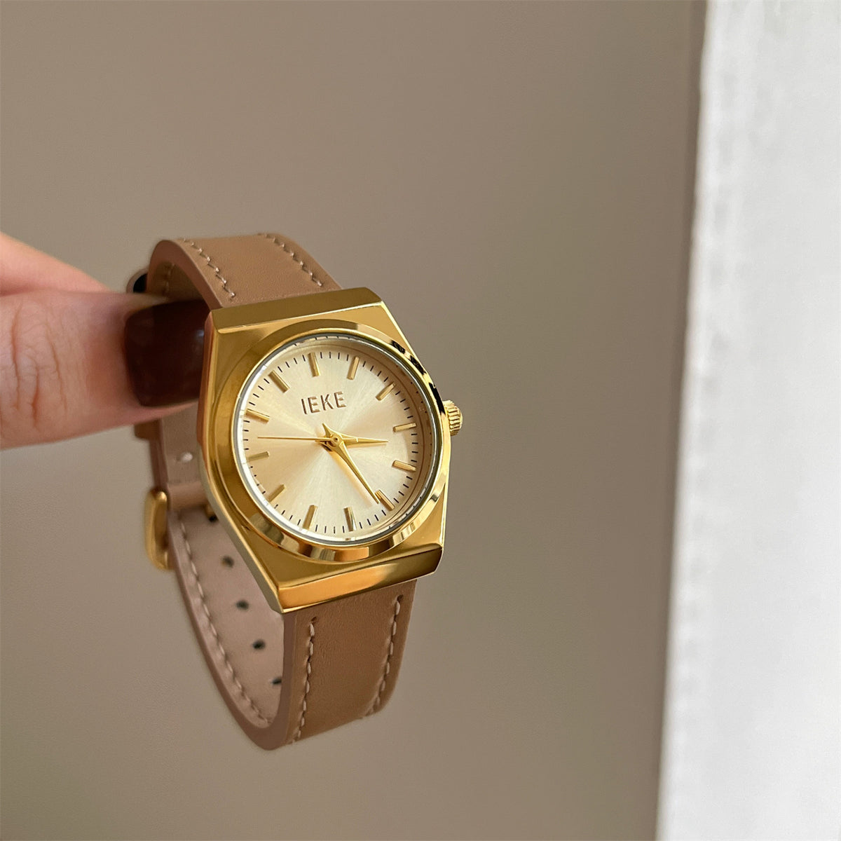 IEKE Vintage Vanilla Green Square Watch with Genuine Leather Strap - Small Dial Quartz Fashion Watch for Women