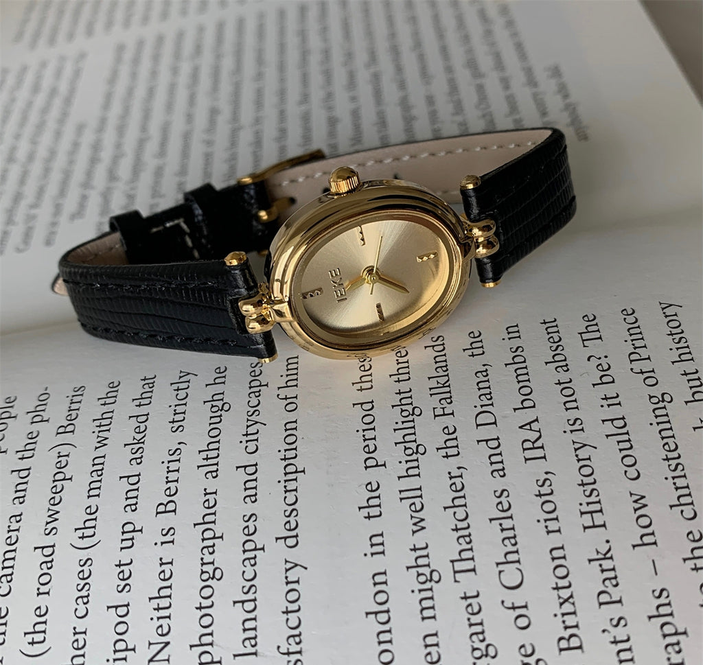 IEKE Dainty Oval Petite Dial Watch with Ultra-Slim Leather Strap - Korean Minimalist Quartz Watch for Women