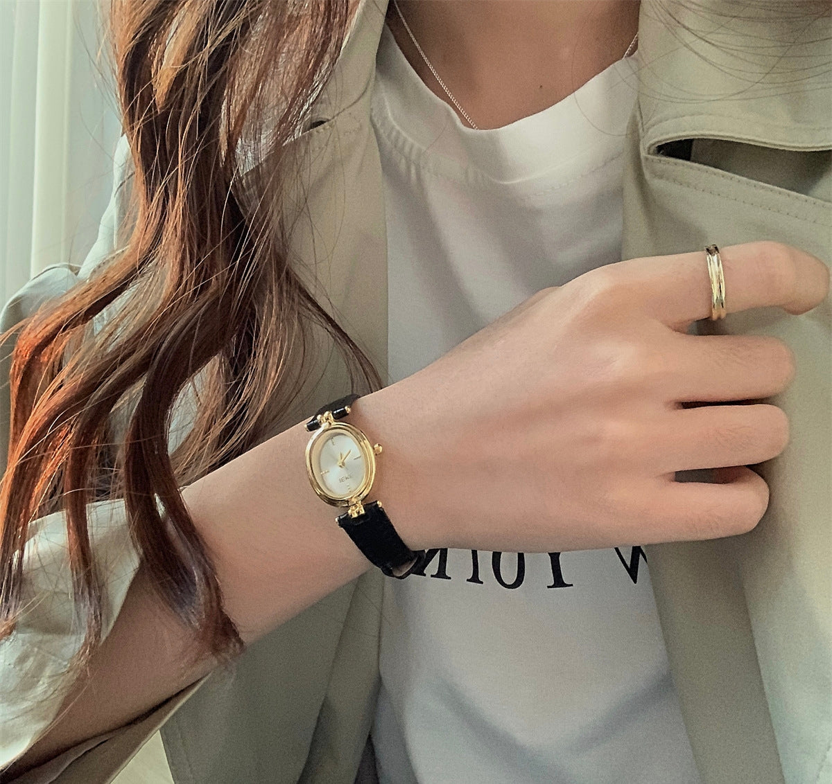 IEKE Dainty Oval Petite Dial Watch with Ultra-Slim Leather Strap - Korean Minimalist Quartz Watch for Women