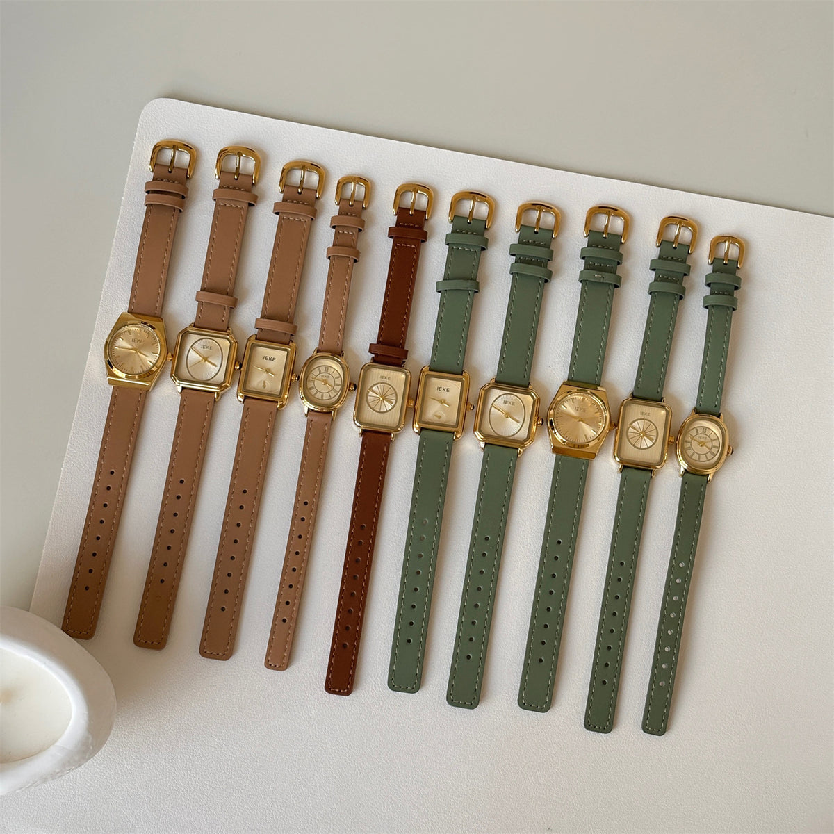 IEKE Vintage Vanilla Green Square Watch with Genuine Leather Strap - Small Dial Quartz Fashion Watch for Women