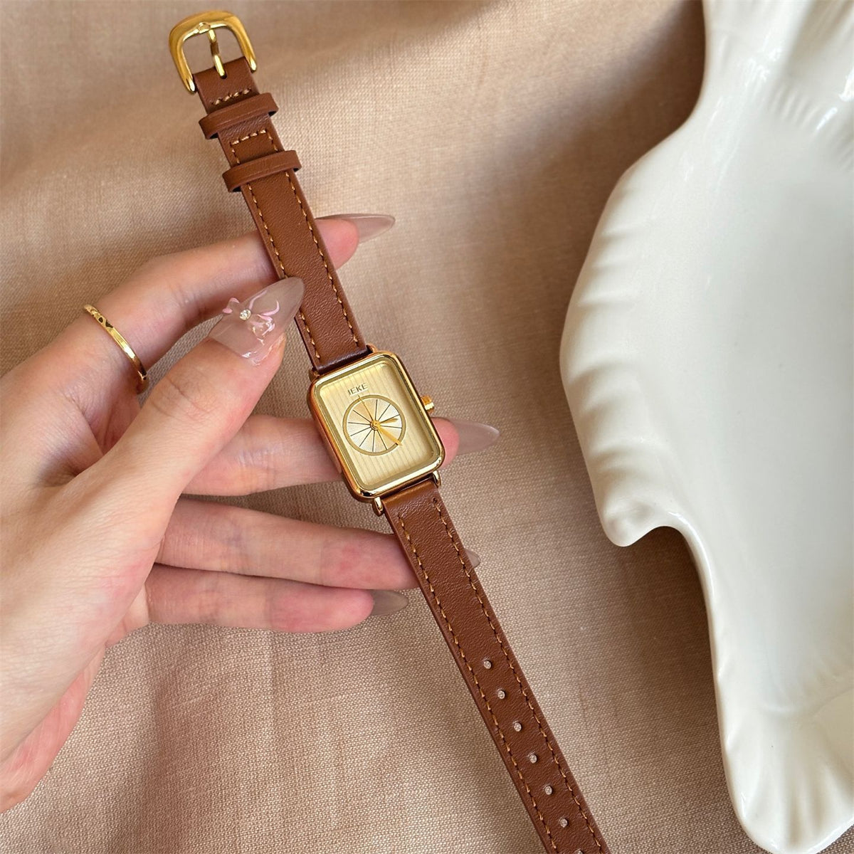 IEKE Vintage Vanilla Green Square Watch with Genuine Leather Strap - Small Dial Quartz Fashion Watch for Women