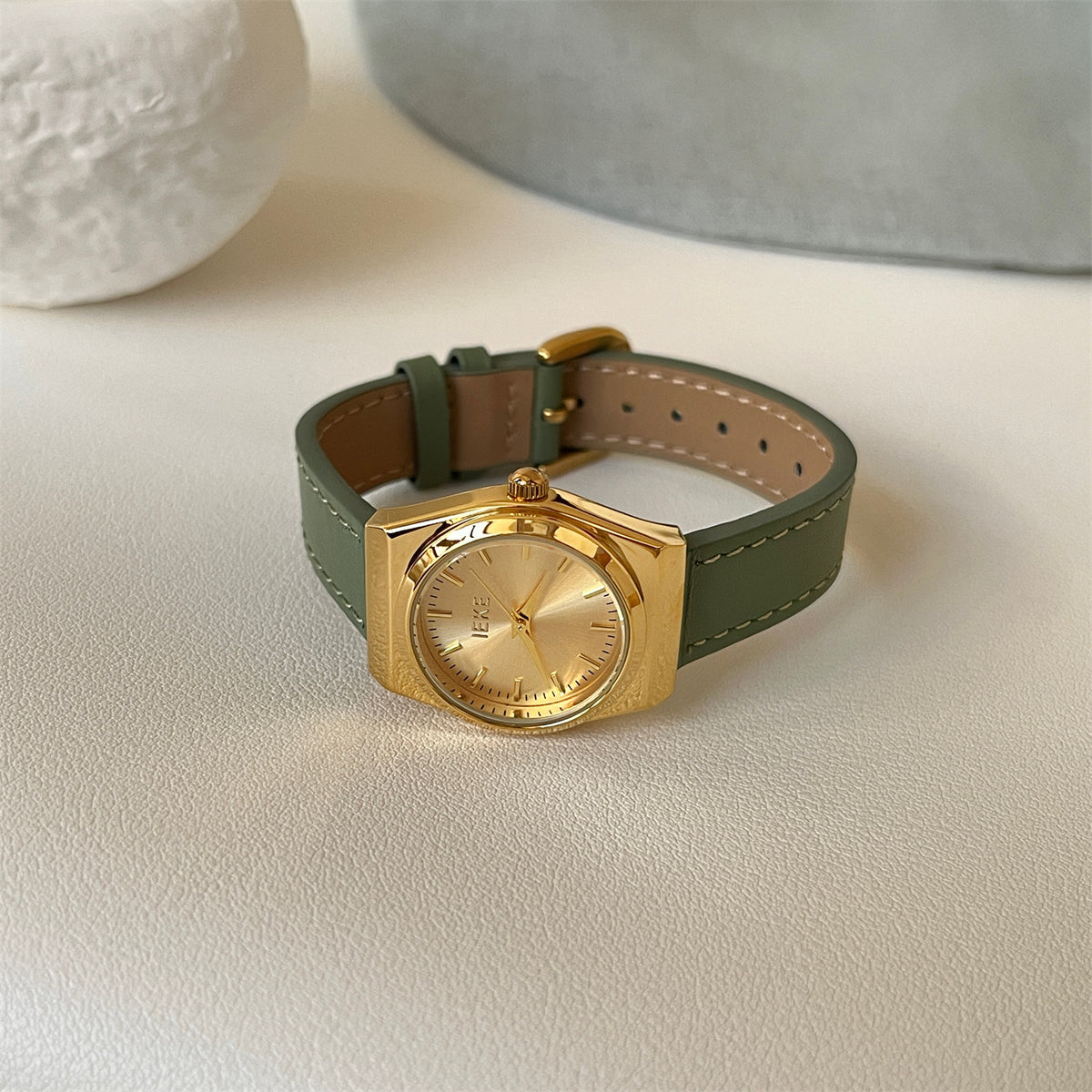 IEKE Vintage Vanilla Green Square Watch with Genuine Leather Strap - Small Dial Quartz Fashion Watch for Women