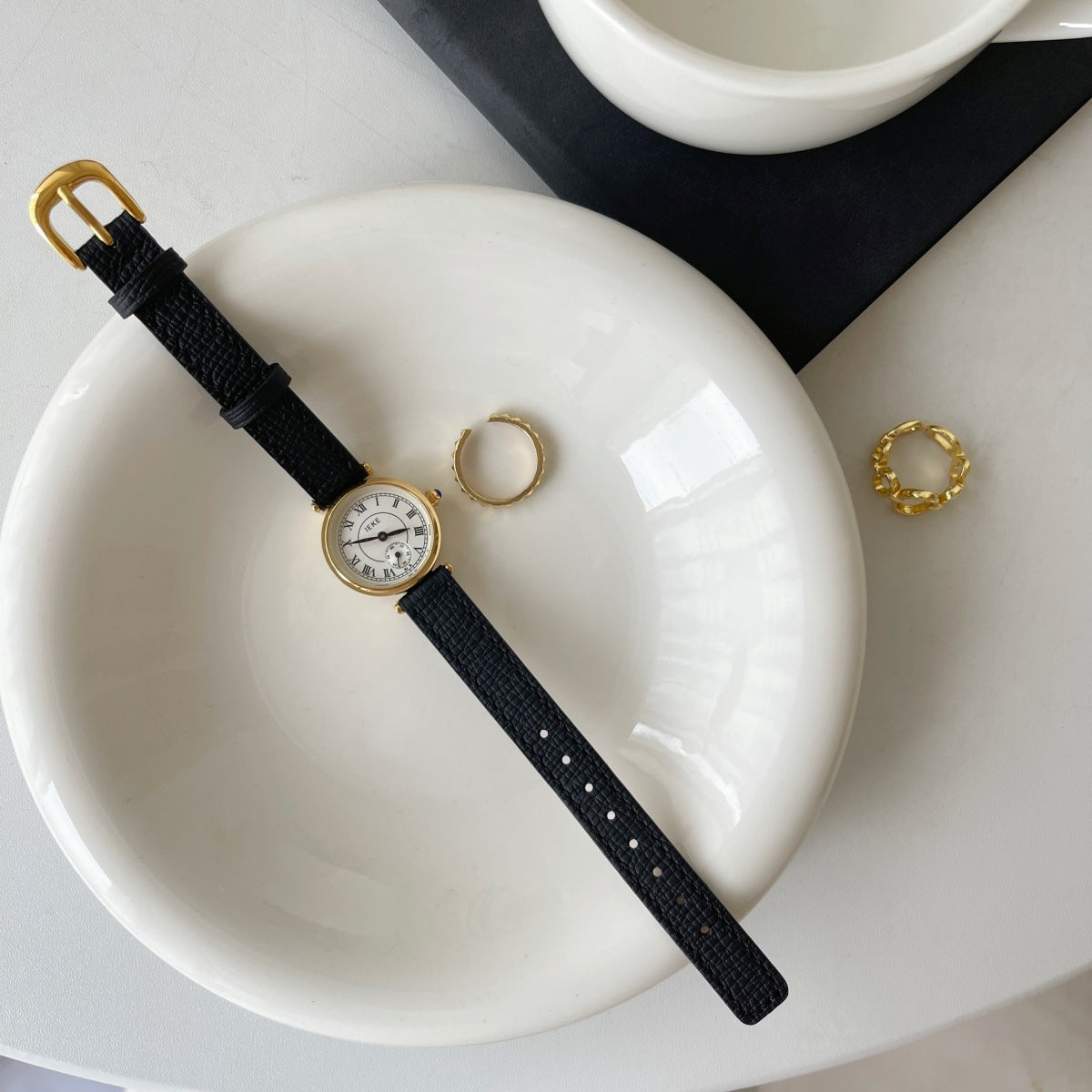 IEKE Dainty Oval Petite Dial Watch with Ultra-Slim Leather Strap - Korean Minimalist Quartz Watch for Women