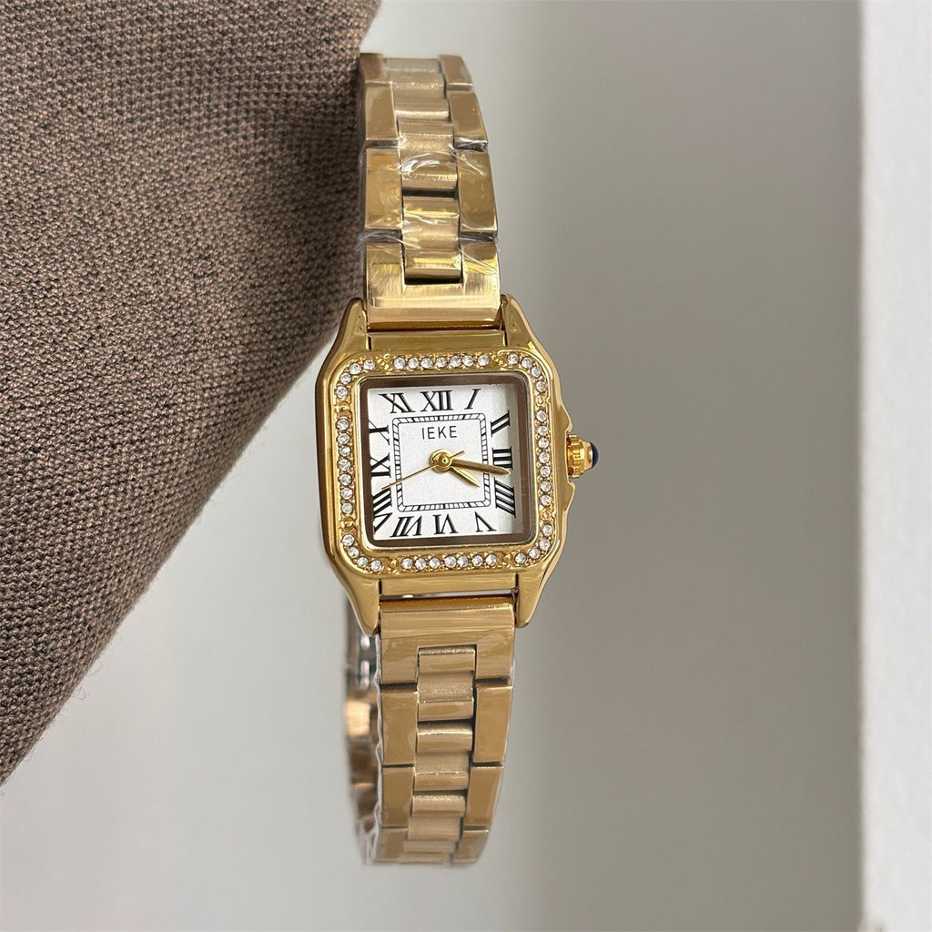 IEKE Business Square Roman Crystal Bezel Steel Watch - Diamond Accented Tank Watch for Women